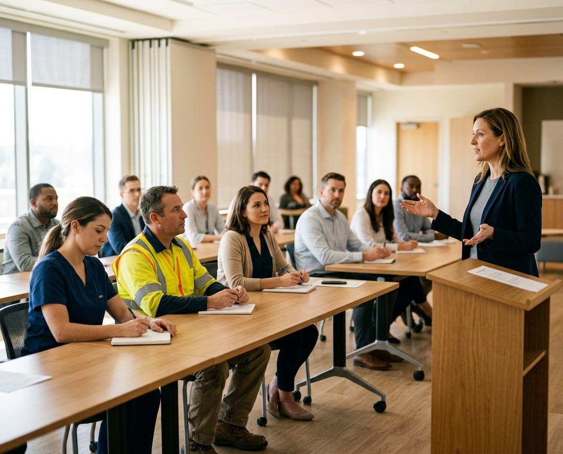 Employees from different industries listening at a benefits enrollment meeting