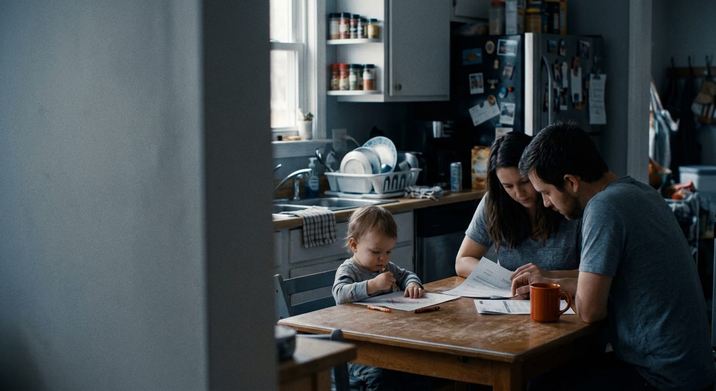 A parent holding a young child at home